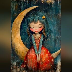 Dreamy Girl on Crescent Moon Art Print